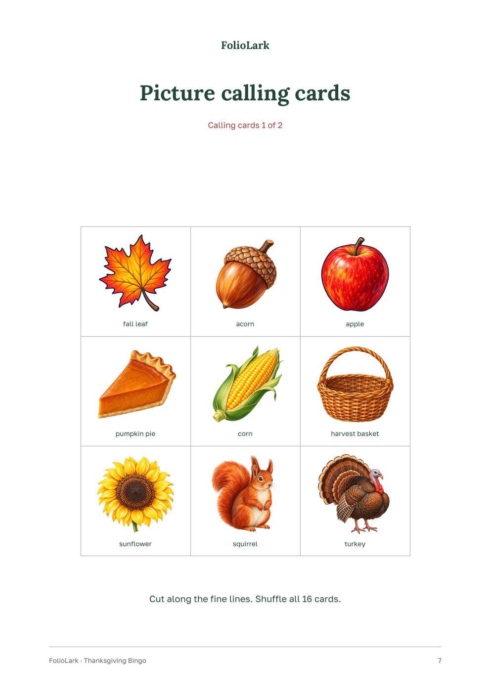 First calling-card sheet: nine of the sixteen picture cards.