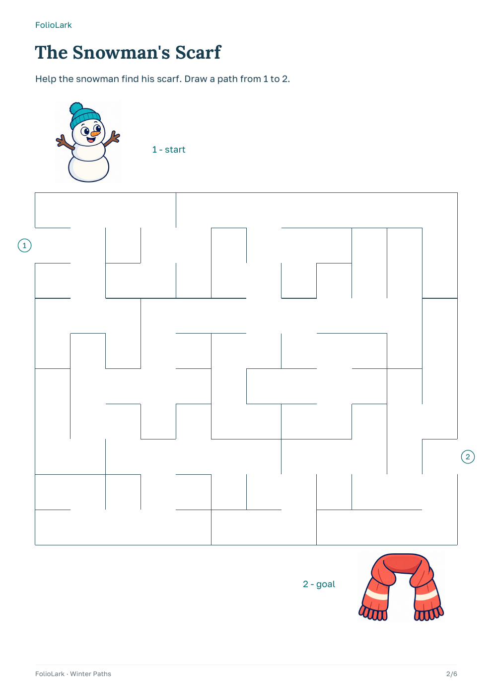 The Snowman's Scarf maze, with start 1 and goal 2